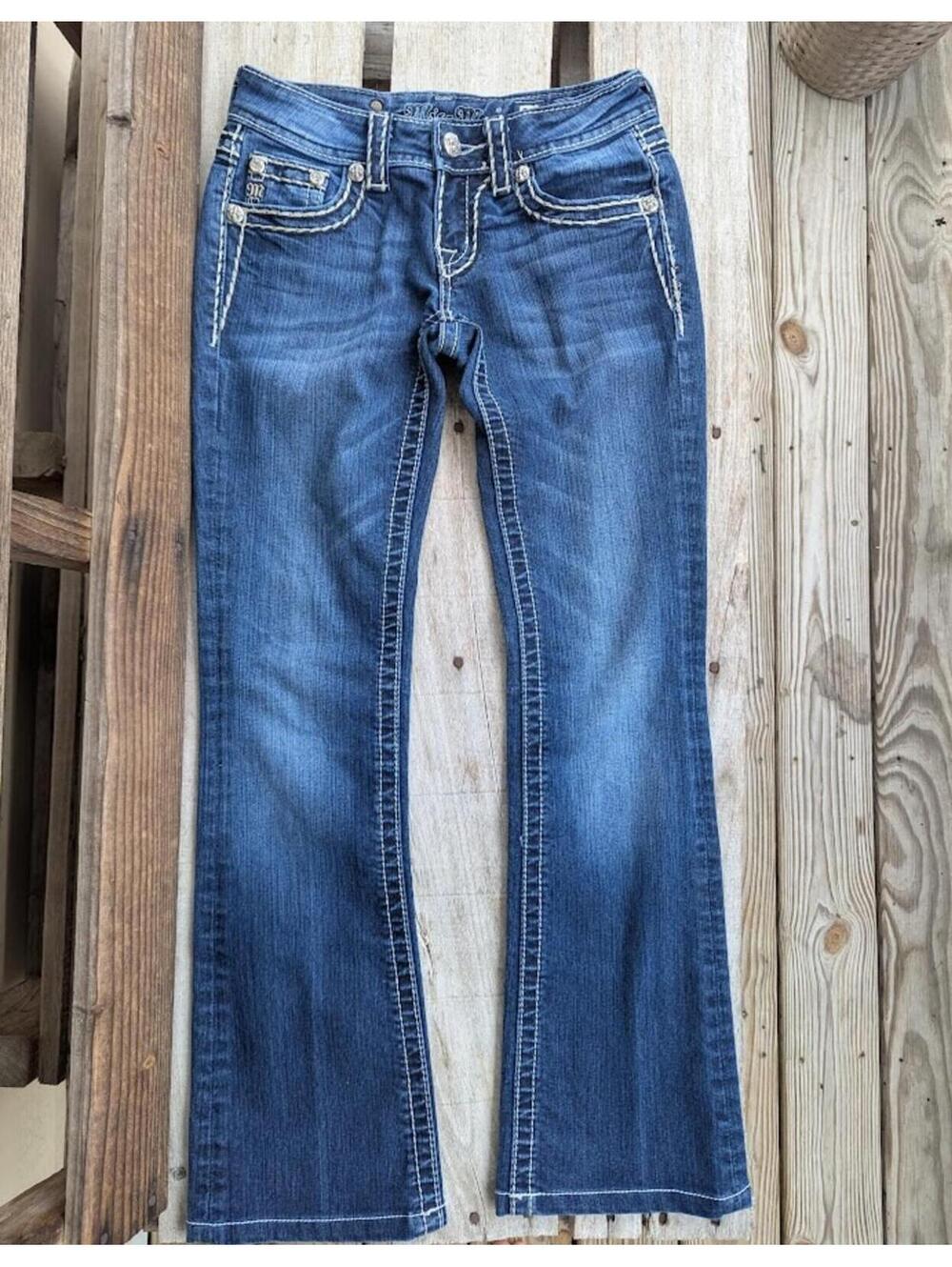 Miss Me Loose Saddle Stitch Bootcut Jeans 25 Low Rise Dark Wash Denim Fits 25x29 - Picture 2 of 9
